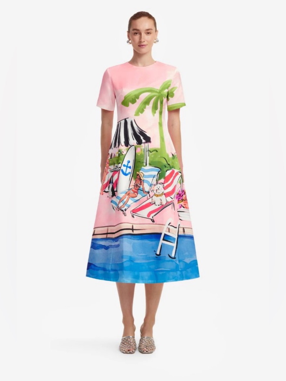 LEO LIN Pink Riviera Print Silk & Cotton A-Line Short Sleeve Midi Dress NWOT